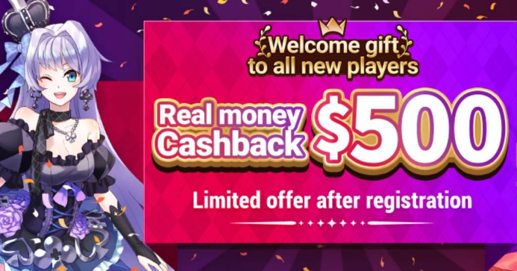 A fictional character for a virtual casino assistant presenting Inter Casino Online promotion with the text "Welcome Gift to all new players. Real money Cashback $500. Limited offer after registration."